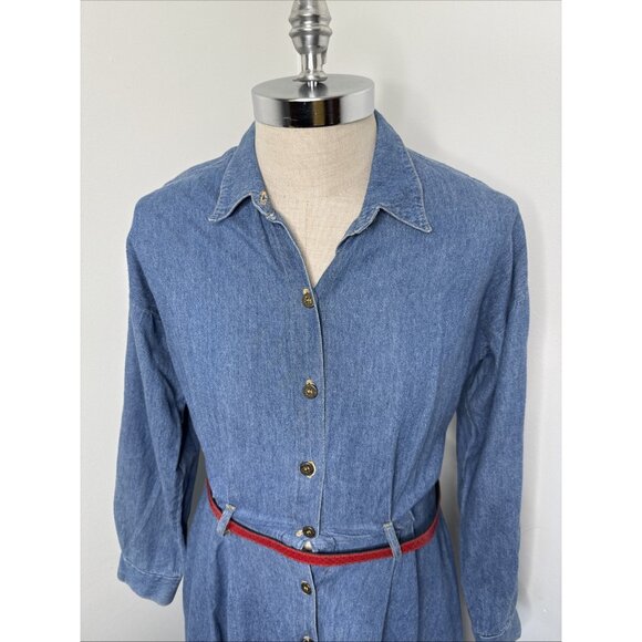 Vintage Denim Dress L 13/14 Western Midi Blue Jean Button Front Belt Cowgirl USA - Picture 2 of 8